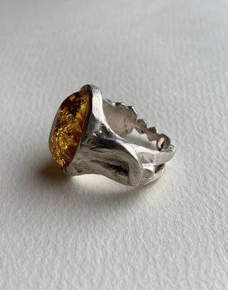 Mano Cornuto Ring with Baltic Amber in Sterling Silver